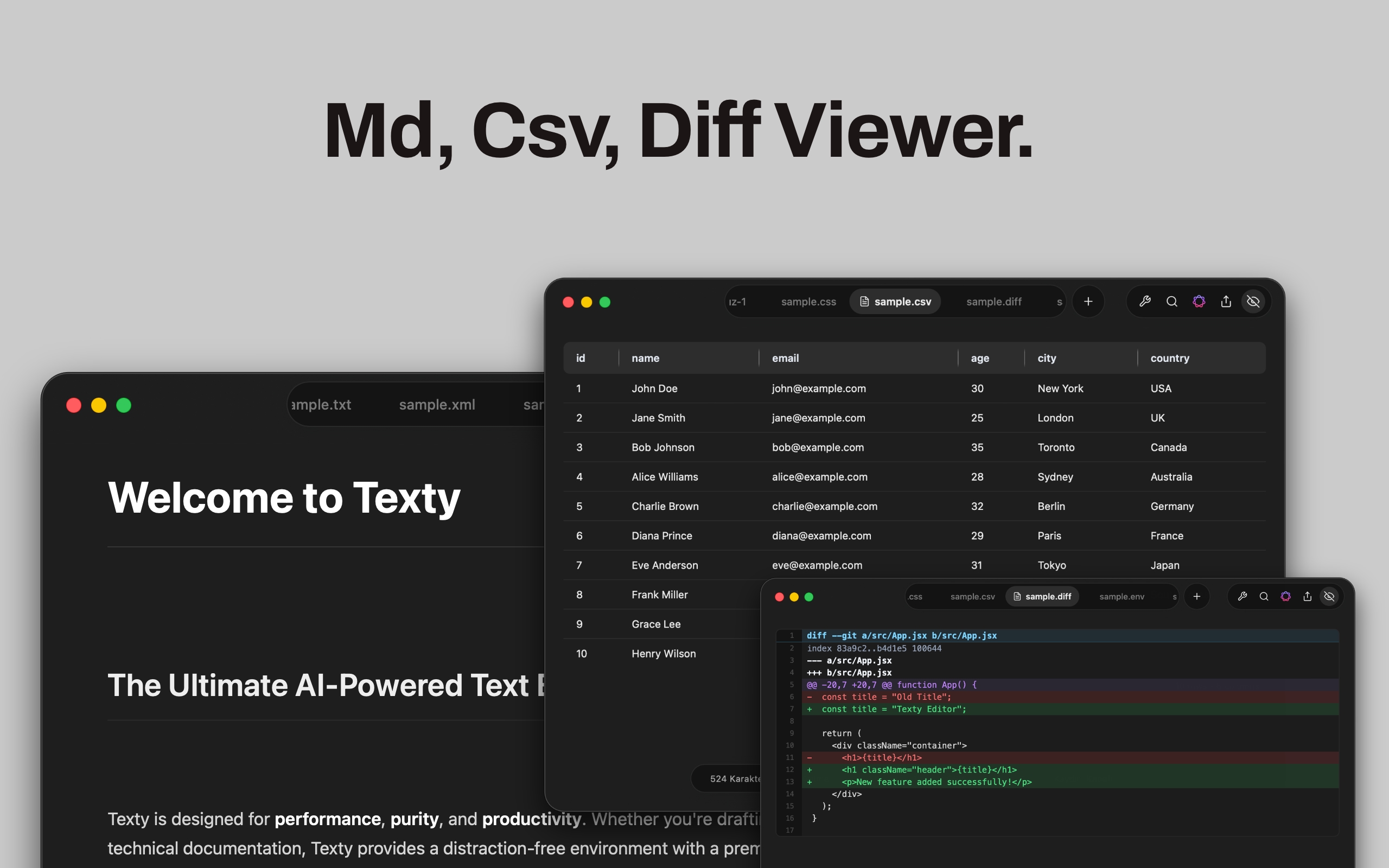 Texty - Md, Csv, Diff Viewer